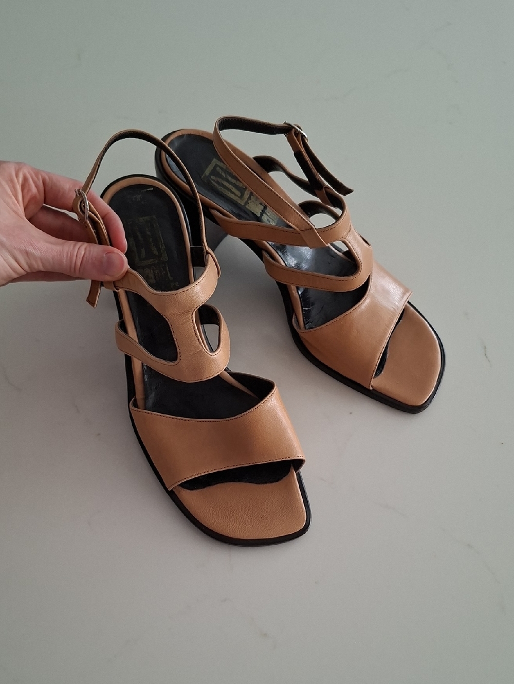 Tan Italian Leather Contemporary H-strap Heeled Sandals (Size EU 40; US 9-9.5)